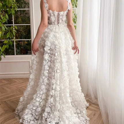 Kyoto Beige Wedding Dress | 3D Flower Lace-Up Back Gown -femstylo