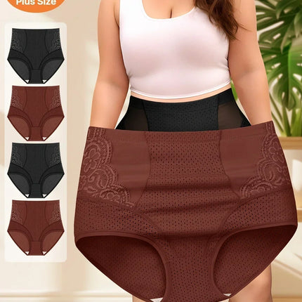4pcs Plus Size Women'S High-Waist Briefs - Breathable Mesh & Lace Trim, Enhanced Comfort, Breathable Summer Panties in Black,