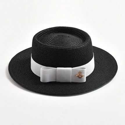 NEW Spring Summer Straw Hats for Women Round Bumpy Surface Flat Top Bowknot Dress Cap Travel Beach Sun Hat Gorra