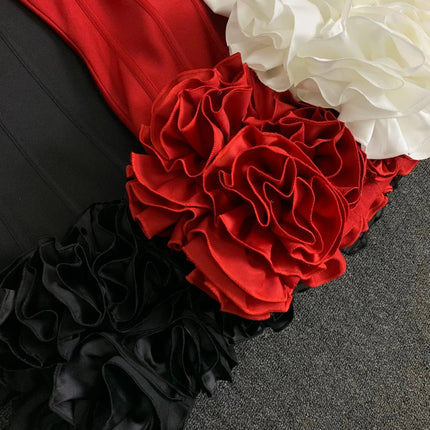 Real Photos Women New Bandage Dress Strapless Laced Up Back Flowers Hem Bodycon Mini Celebrity Evening Party Birthday Dresses