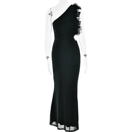 Articat Elegant Sleeveless Slant Shoulder Flower Dress Women Spring/Summer 2025 Sexy Mesh Wrap Hip Dress Party Evening Dress