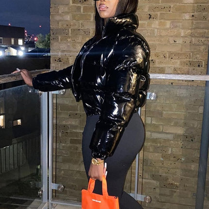 Faux PU Leather Y2K Bubble Puffer Winter Warm Jacket Women Long Sleeve Coats