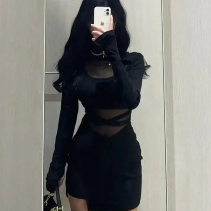 Pile Up Sleeves New Sexy Black Fishbone Dress Personalized Slim Women Dress Thin Gauze Perspective Wrap Around Buttocks  F8Q3