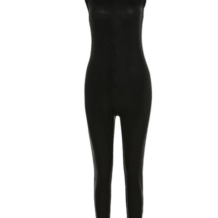 PU Leather Sleeveless Turtleneck Zipper Women Jumpsuit 2022 Casual Street Style Sports Fitness