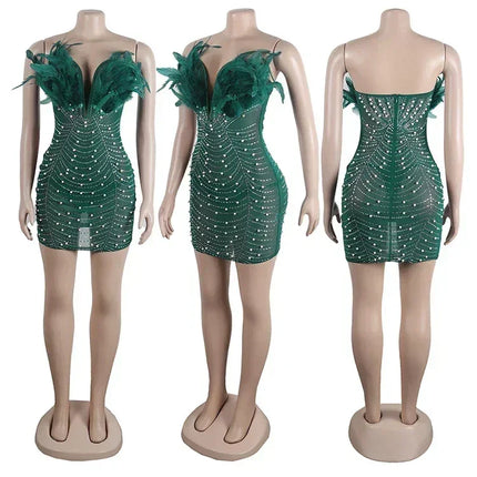 Znaiml Sexy Feathers Rhinestones Backless Diamond Sheer Mesh Bodycon Dresses for Woman Rave Club Birthday Party Night Vestidos