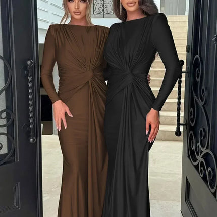 Dulzura Long Sleeves Shoulder Pad Ruched Maxi Dress Solid Elegant Prom Evening Party Long Dress Women’S Autumn Winter Outfit
