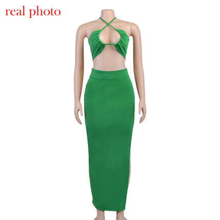 Cryptographic Bandage Cut Out Sexy Halter Neck Top and Skirts Set Gathered Elegant