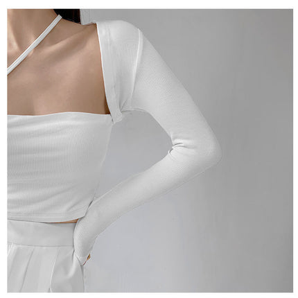 Cropped Tops Women Square Collar Slanted Shoulder Straps Halter Neck Long Sleeve T-shirt