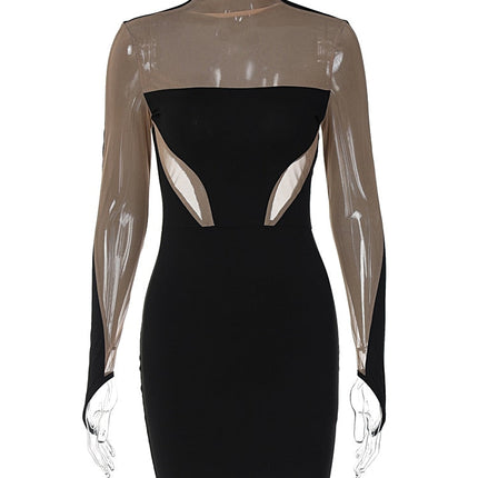 Long Sleeve Patchwork Mesh See Through Sexy Bodycon Mini Dress Evening Clothes