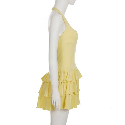 Tornova Vacation Halter Mini Dress For Women Solid High Waist Puffy Dress Ruffled Splice Fashion Sexy Slim Dress 2025 Summer New