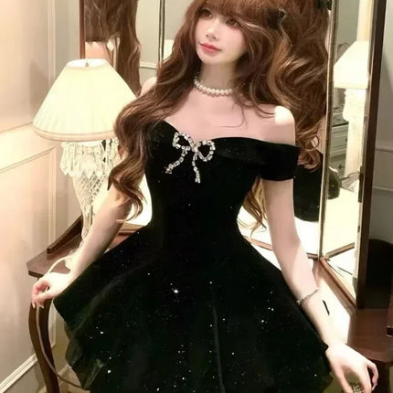 Black French Vintage Elegant Design Woman Dress Gothic Off Shoulder Retro Mini Dress Female Fairy Birthday Party Chic Outfits