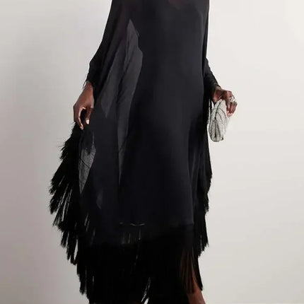 Yeezzi 2025 New Spring Fashion See-Through Tassel Party Dresses Women Batwing Sleeves Solid Color High-Neck Two Piece Set Dress