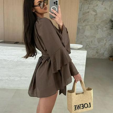 Elegant Fold Dress Women Brown Deep V-neck Long Sleeve Mini Dresses Female 2025 Spring Summer Fashion Loose Lady Vestidos
