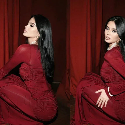 Tossy Female Pleated Sexy Maxi Dress Patchwork Twist Slim Long Sleeve Solid Y2k Autumn Streetwear Dress Women's Bodycon Dress