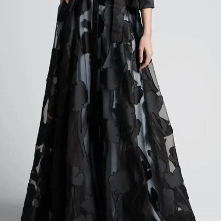 Elegant Three-Quarter Sleeve Knotted Waist Jacquard Mesh Maxi Dress for Women No Lining Transparent Club Party Long Dress