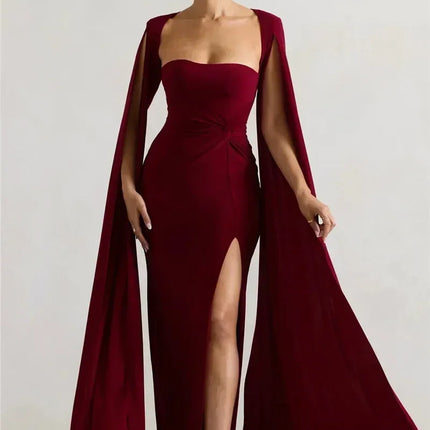 Mozision Long Cape Sleeve Split Maxi Dress For Women Gown Fashion Solid Square Collar Evening Sexy Long Dress Elegant New