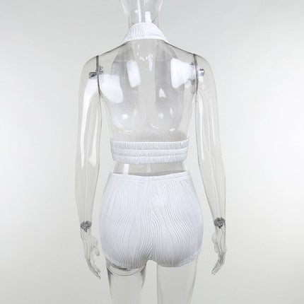 White Deep V-neck Halter Bandage 2 Pieces Sets Sleeveless Backless Suits Outfits with Shorts