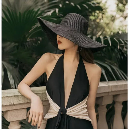 Women Sun Hat Big Eaves Waves Beach Cap Ladies Hat Big Brim Sun Visors UV Cut Bucket Panama Cap Foldable Straw Sunscreen Vintage