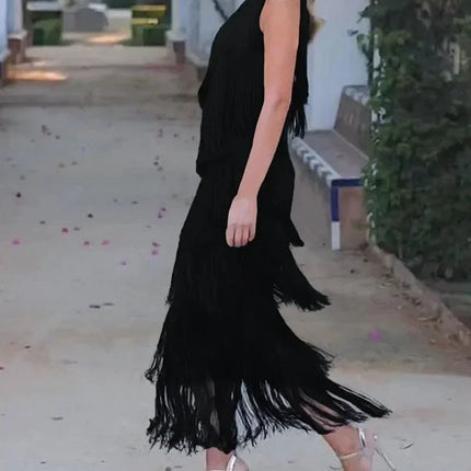 Spring and Summer New Fashion Fringed Slanted Shoulder Asymmetrical Dress for Women
