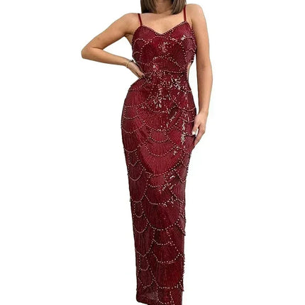 New Sequin Hollow Out Spaghetti Strap Backless Mermaid Long Dresses Women Elegant Celebrity Party Evening Wedding Bodycon Gowns