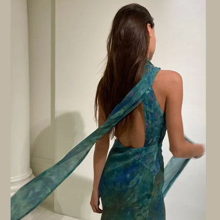 Sexy See Through Deep V Neck Maxi Dress Backless Sleeveless Lace Up Halter Robes Printed Party Vestidos 2025 New Lady Dresses
