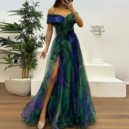 Women 2025 Pattern High Waist Party Dress Sexy Slit Mesh Cocktail Gala Dress Fashion One Shoulder Female Pleated Evening Dress
