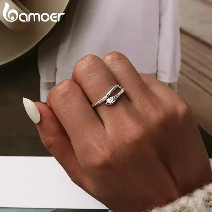 BAMOER 925 Sterling Silver Platinum Plated Adjustable Ring, Green Zircon Retro Textures Snake Ring Fashion Jewelry 4 Colors