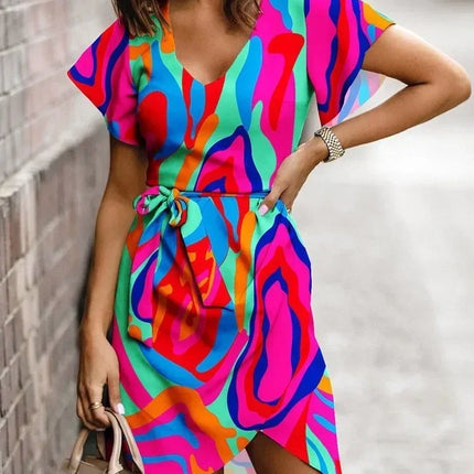 Summer V Neck Print Dresses For Women Elegant Office Ladies Dress Fashion Short Sleeve Casual Boho Beach Party Dress Robe Femme