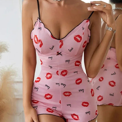 Women's Pajamas One Piece Pajamas Red Lip Printed Sleeveless Pijama Short Onesie Adults V-Neck Suspenders Funny Pajamas Bodysuit