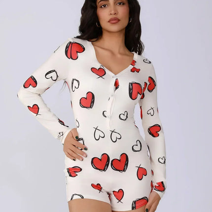 Ladies one-piece bodysuit sexy hot girl pajamas heart digital print short-sleeved set shorts home wear