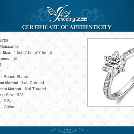 JewelryPalace Moissanite D Color 0.5ct 1ct 1.5ct 2ct 3ct Round S925 Sterling Silver Wedding Engagement Ring for Women