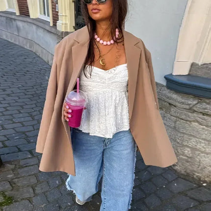 Women's V-Neck Side-Buttoned Suit Jacket Long Sleeve Solid Color Coats Pocket Cuffs Oversize Tops High Street Female Clothes