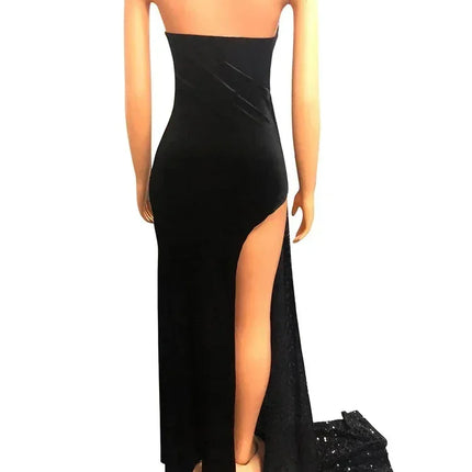Wishyear Elegant Sparkly Bodycon Long Dresses with Trail Christmas Birthday Dress for Women Sequin Velvet Maxi Evening Vestidos