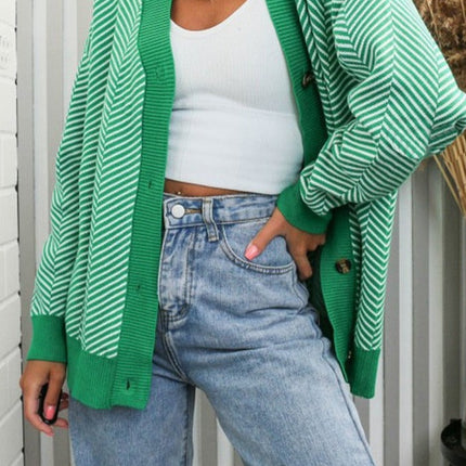V-neck Striped Cardigans Sweaters Long Sleeve Loose Knitted Open Stitch Outwear