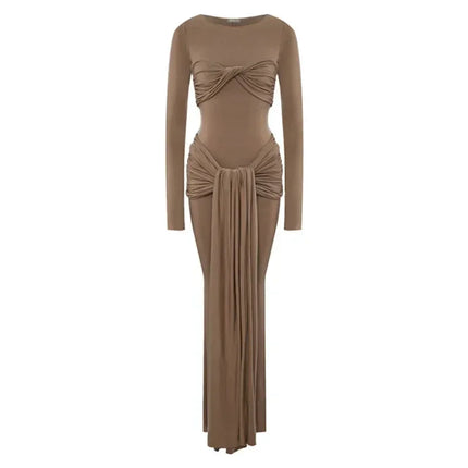 Tossy Female Pleated Sexy Maxi Dress Patchwork Twist Slim Long Sleeve Solid Y2k Autumn Streetwear Dress Women's Bodycon Dress