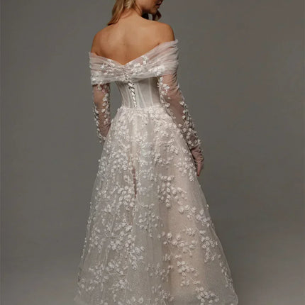 Kyoto Customized Lace Flowers Detachable Long Sleeves Wedding Dress Ankle-Length Glitter vestidos de novia A-Line Formal Gown