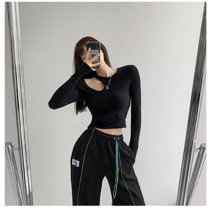 Hollow T-shirt Women Fashion Slim Y2K Cropped Tops Off Shoulder Long Sleeve Tees Woman