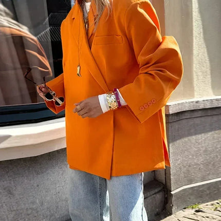 Women's V-Neck Side-Buttoned Suit Jacket Long Sleeve Solid Color Coats Pocket Cuffs Oversize Tops High Street Female Clothes