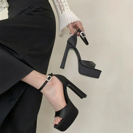 Liyke Runway Style Black High Heels Platform Sandals For Women Cozy Silk Square Toe Buckle Strap Lady Party Dress Shoes Size 40