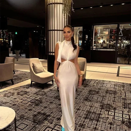 Mozision Hollow Out Turtleneck Sexy Maxi Dress For Women Fashion Solid Sleeveless Bodycon Tank Dresses Femme Club Party Dress