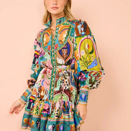 2025 printed round neck cinched waist strap pleated ruffle edge retro pleated dress cardigan temperament versatile dress