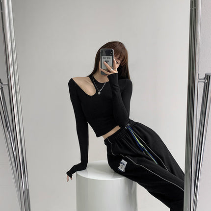 Hollow T-shirt Women Fashion Slim Y2K Cropped Tops Off Shoulder Long Sleeve Tees Woman