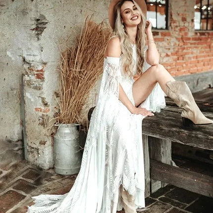 FL&AEVVE Customized Bohemian Chic Civil Bridal Dress Hippie Crochet Lace Wedding Dress With Slit Gatsby Elvish Bride Gown Robe