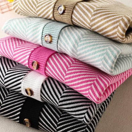 V-neck Striped Cardigans Sweaters Long Sleeve Loose Knitted Open Stitch Outwear