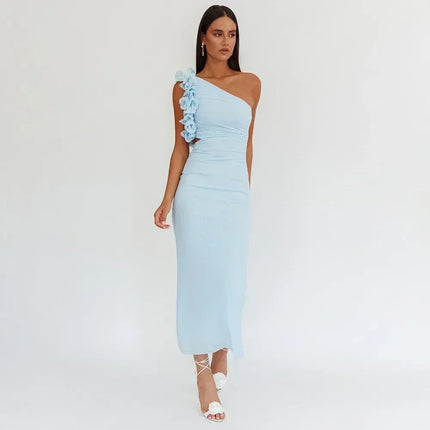 Articat Elegant Sleeveless Slant Shoulder Flower Dress Women Spring/Summer 2025 Sexy Mesh Wrap Hip Dress Party Evening Dress