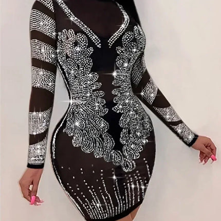 Women Sexy Solid Color Sheer Mesh Rhinestone Design Bodycon Nightclub Party Dress