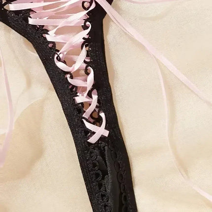 Ladies Super Sexy Lace Up Thongs Lingerie Black Strap Crochet Trim Pink Bandage Lace Up Panties Sexy Exposed Erotic G-Strings