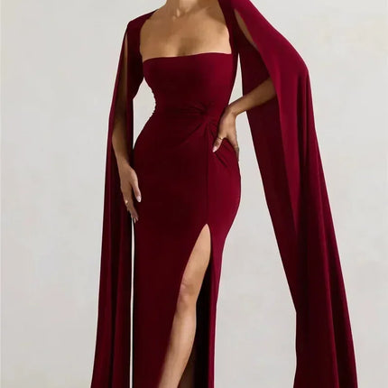 Mozision Long Cape Sleeve Split Maxi Dress For Women Gown Fashion Solid Square Collar Evening Sexy Long Dress Elegant New
