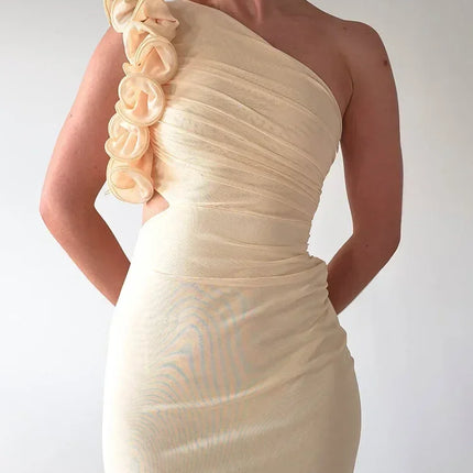 Articat Elegant Sleeveless Slant Shoulder Flower Dress Women Spring/Summer 2025 Sexy Mesh Wrap Hip Dress Party Evening Dress