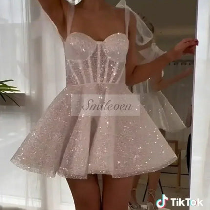 Smileven Short Wedding Dress A Line Sweetheart Neck Shiny Glitter Bride Dresses Mini Bows Strap Vestido de novia 2024 Customized